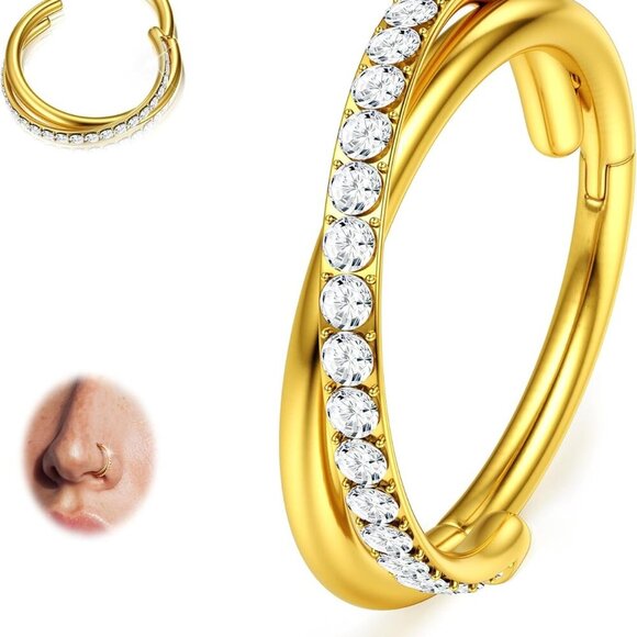 Clear CZ Nose Rings Hoop - 316L Surgical Steel Body Piercing Hoop Clicker 20G/18 - Picture 1 of 6